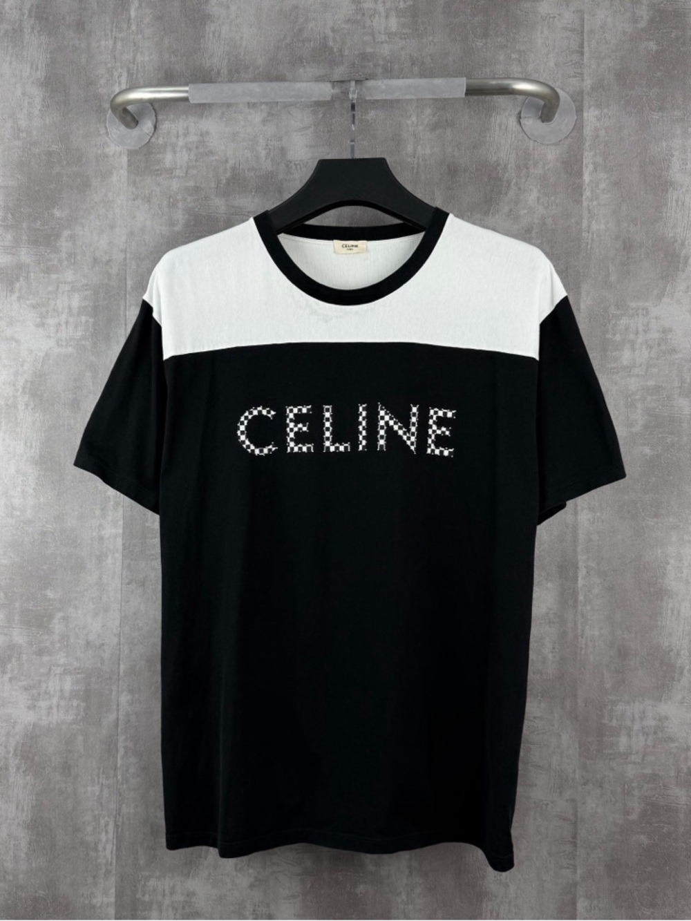 🚩steal Celine Black and White Logo Colorblock Short Sleeve Tee